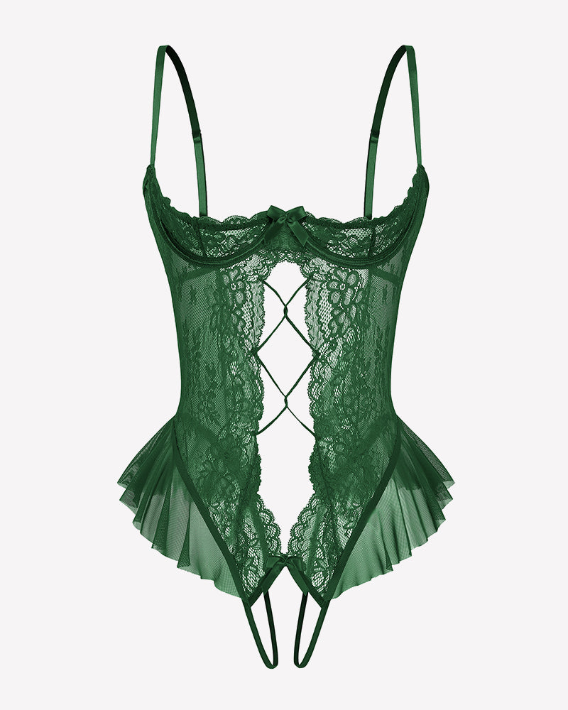 Green lace teddy bodysuit with diamond cutout and layered tulle ruffle hem