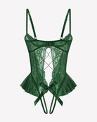 Green lace teddy bodysuit with heart-diamond cutout and bow-tied ruffle trim