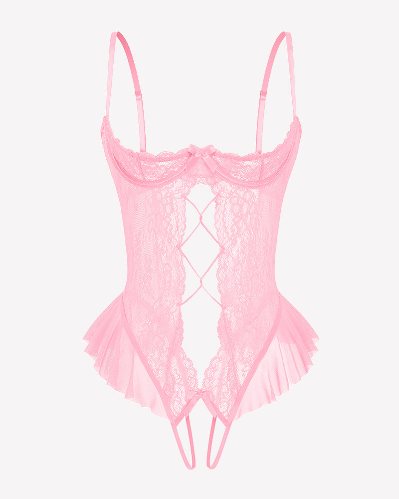 Pink lace teddy bodysuit with diamond cutout and layered tulle ruffle hem
