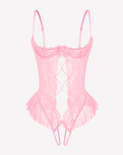 Pink lace teddy bodysuit with diamond cutout and layered tulle ruffle hem