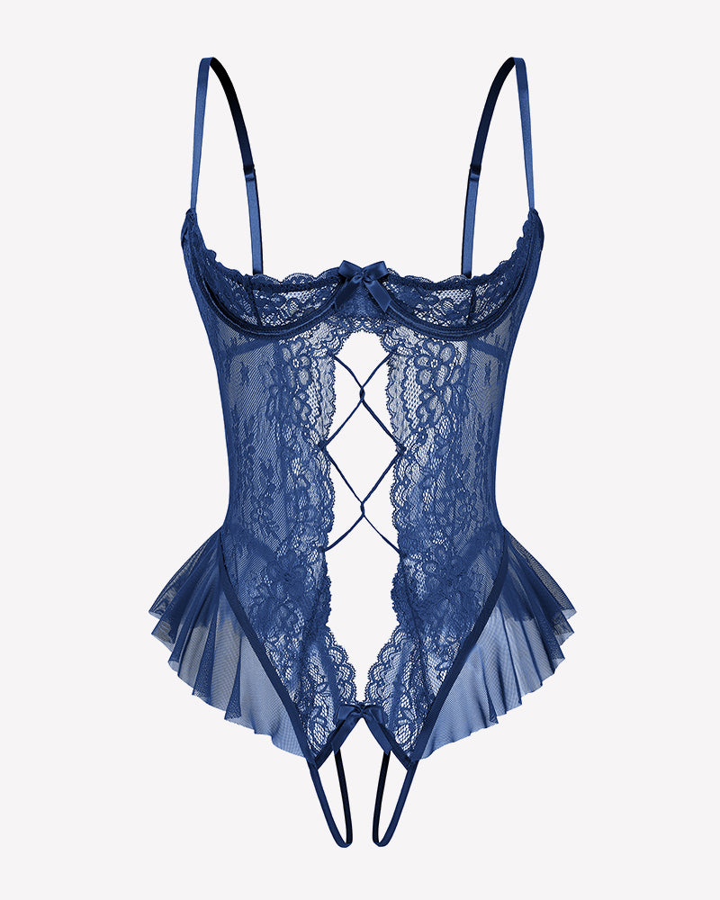 Navy blue lace teddy bodysuit with diamond cutout and tulle ruffle hem