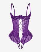 Purple lace teddy bodysuit with diamond cutout and layered tulle ruffle hem