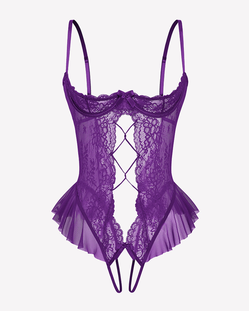 Purple lace teddy bodysuit with diamond cutout and layered tulle ruffle hem