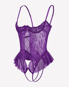 Purple lace teddy bodysuit with diamond cutout and layered ruffle peplum