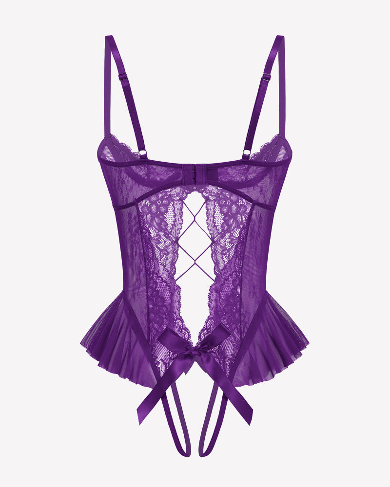 Purple lace cutout teddy bodysuit with diamond pattern and ruffle trim, adjustable straps
