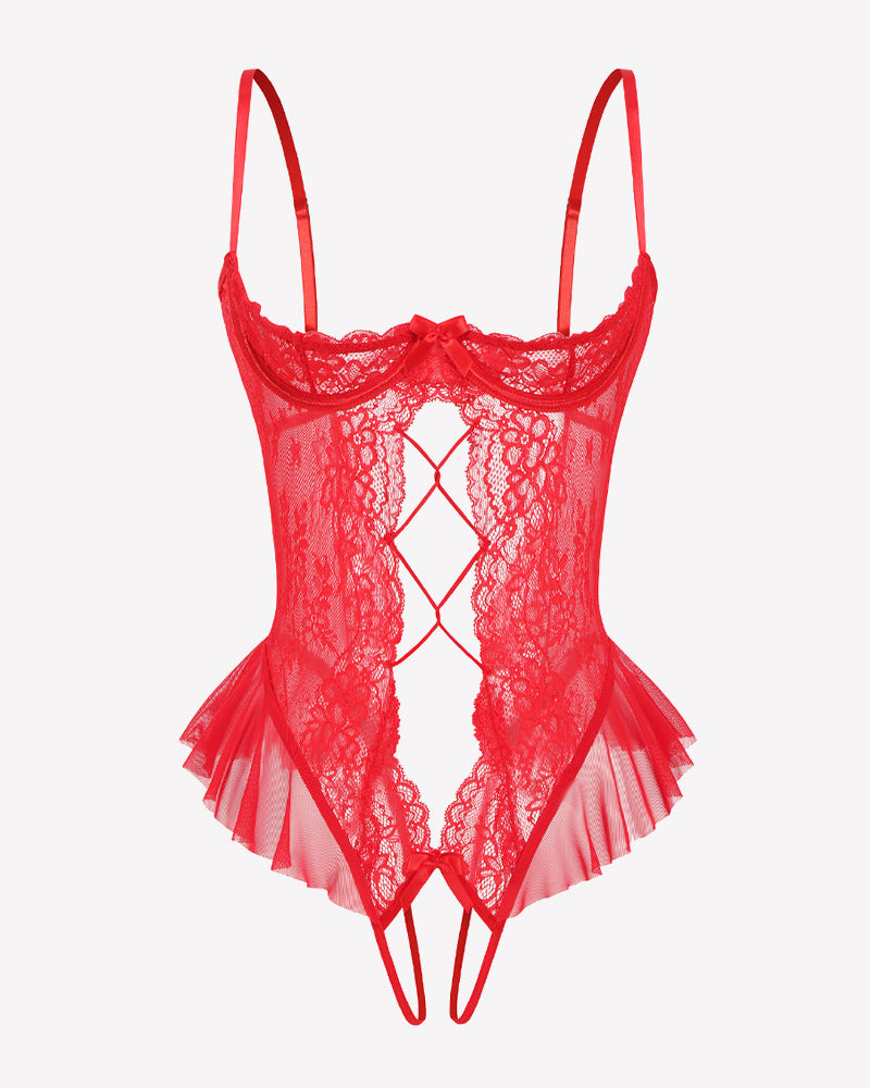 Red lace cutout teddy bodysuit with crisscross diamond front and ruffle trim, adjustable straps