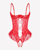Red lace cutout teddy bodysuit with crisscross diamond front and ruffle trim, adjustable straps