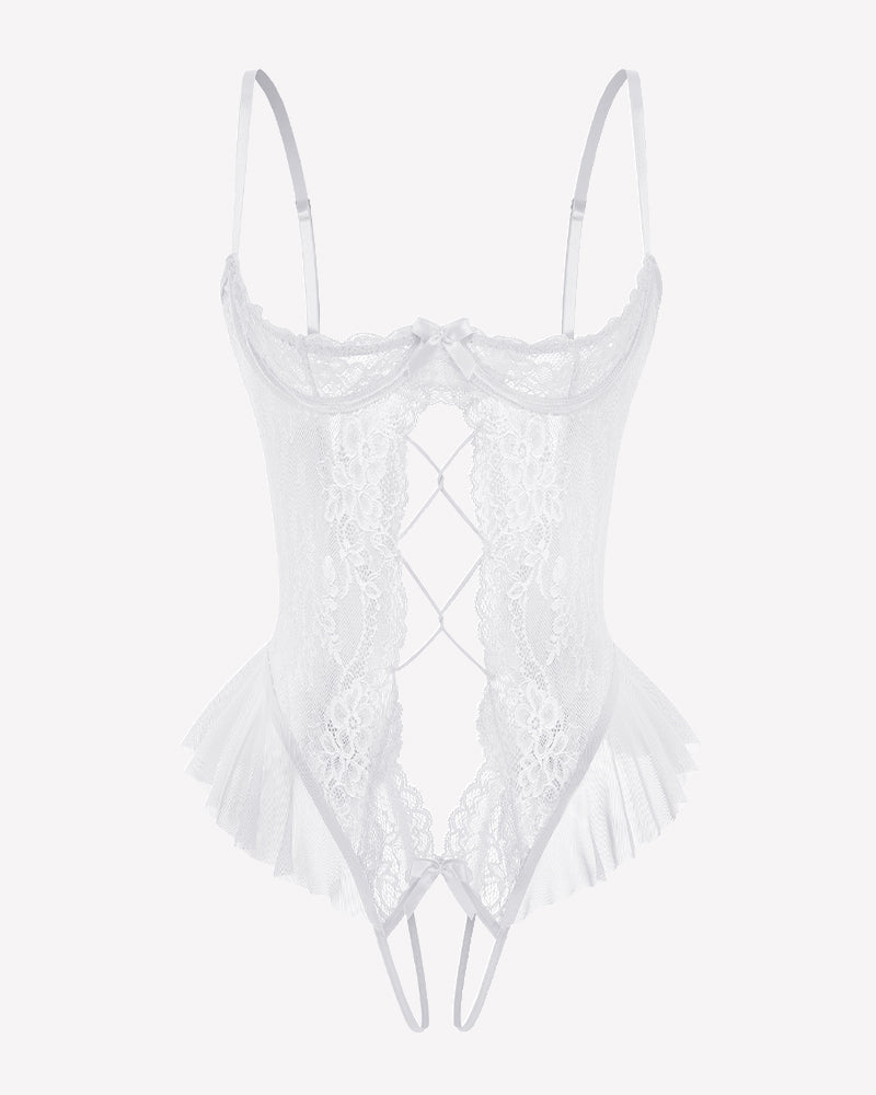 White lace cutout teddy bodysuit with crisscross diamond panel and ruffle trim, adjustable straps