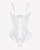 White lace cutout teddy bodysuit with crisscross diamond panel and ruffle trim, adjustable straps