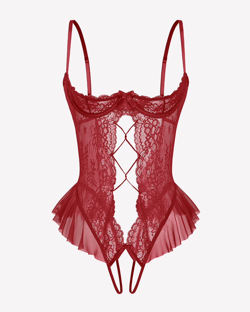 Dark red lace cutout teddy bodysuit with crisscross diamond panel and ruffle trim, adjustable straps
