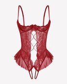 Dark red lace cutout teddy bodysuit with crisscross diamond panel and ruffle trim, adjustable straps