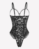 Black lace mini teddy bodysuit with underwire cups and mesh tulle ruffle
