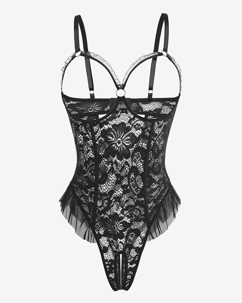 Black lace mini teddy bodysuit with underwire cups and mesh tulle ruffle