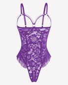 Purple lace mini teddy bodysuit with underwire cups and mesh tulle ruffle