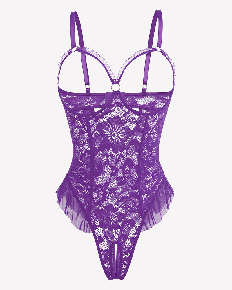 Purple lace mini teddy bodysuit with underwire cups and mesh tulle ruffle
