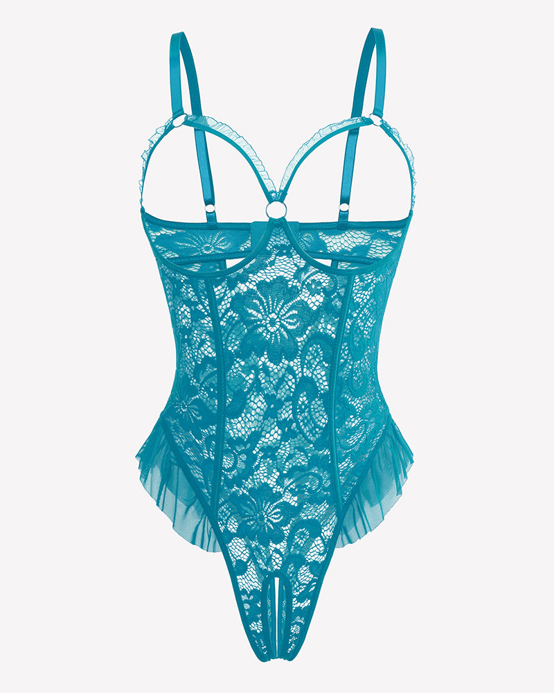 Teal lace mini teddy bodysuit with underwire cups and mesh tulle ruffle