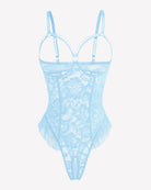 Light blue lace mini teddy bodysuit with cutout lace panels and thin straps