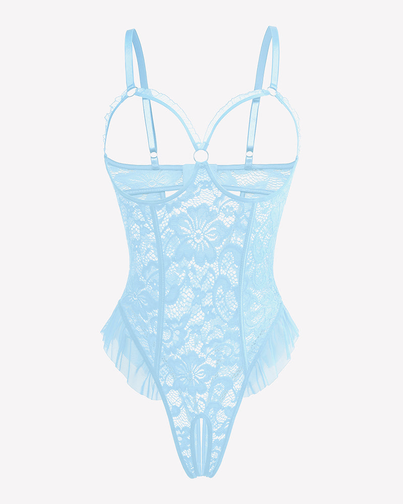 Light blue lace mini teddy bodysuit with cutout lace panels and thin straps