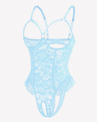 Light blue lace mini teddy bodysuit with lace mesh front and ruched tulle hem
