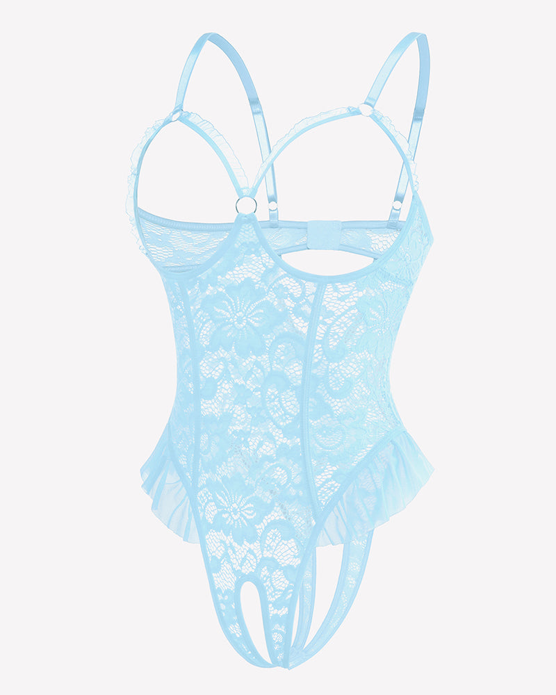 Light blue lace mini teddy bodysuit with lace mesh front and ruched tulle hem