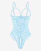 Light blue lace mini teddy bodysuit with underwire cups and tulle trim