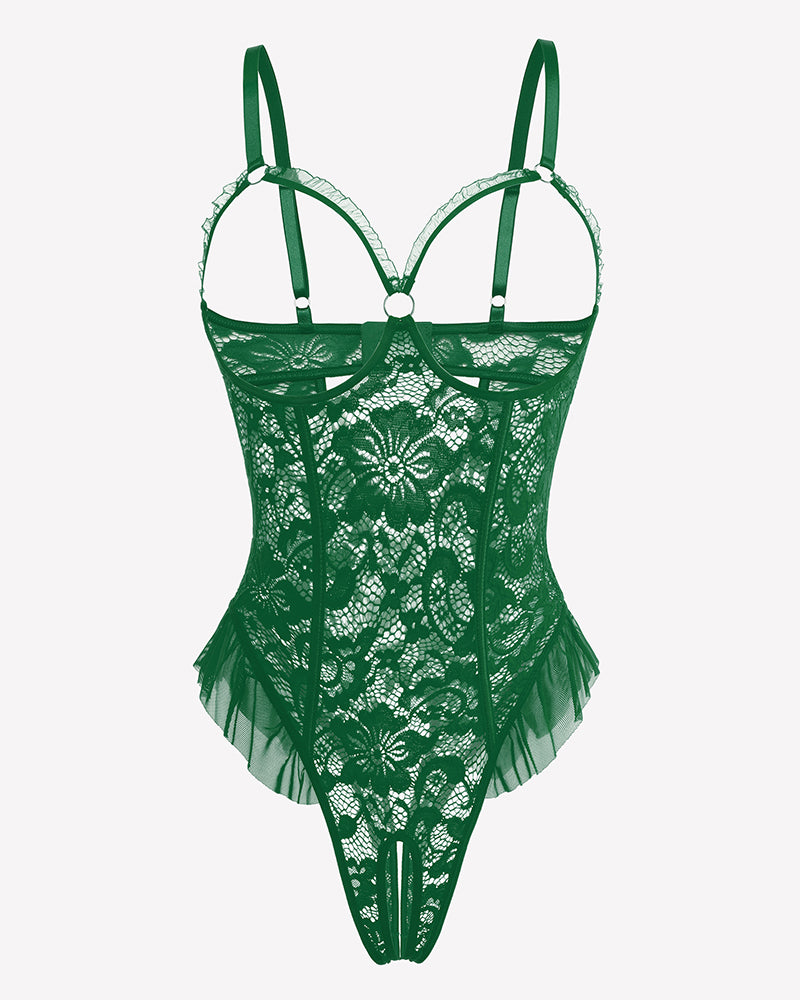 Green lace mini teddy bodysuit with strappy cups and thong back