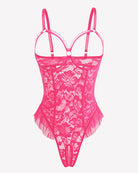 Rose red lace mini teddy bodysuit with underwire cups and mesh tulle ruffle