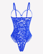 Blue lace mini teddy bodysuit with underwire cups and mesh tulle ruffle