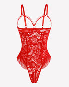 Red lace mini teddy bodysuit with front lace panel, scalloped trim, and thong back