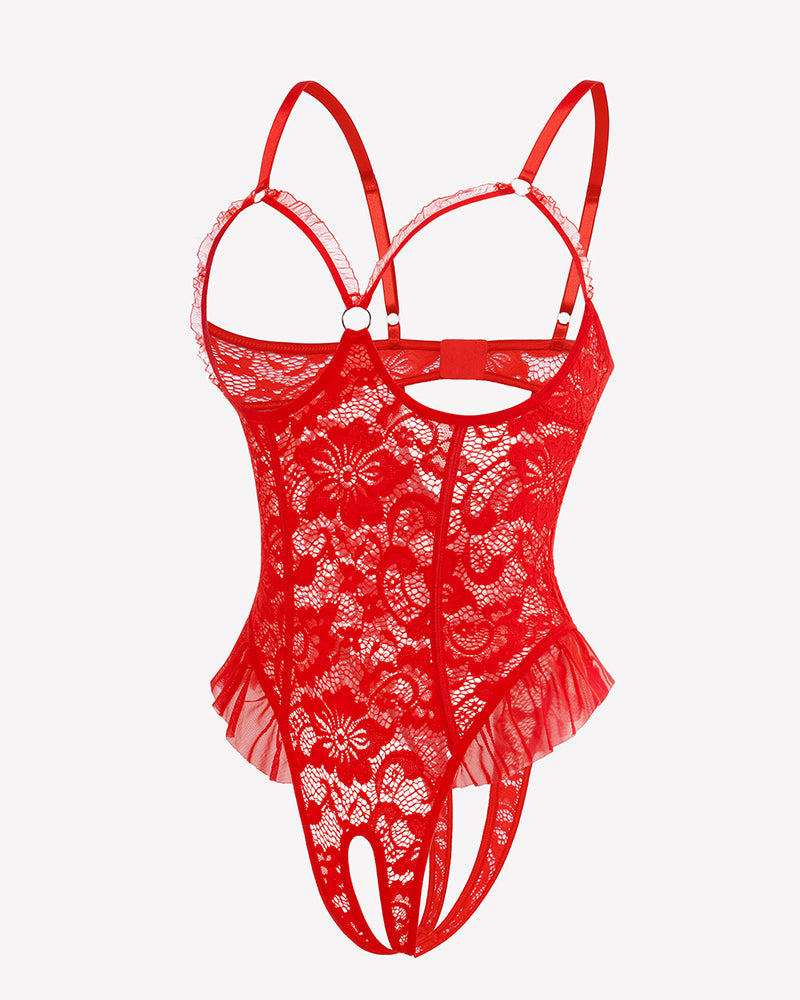 Red lace mini teddy bodysuit with keyhole lace front, strappy shoulders, and thong back