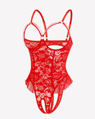 Red lace mini teddy bodysuit with keyhole lace front, strappy shoulders, and thong back
