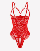 Red lace mini teddy bodysuit with strappy underwire cups and peekaboo front