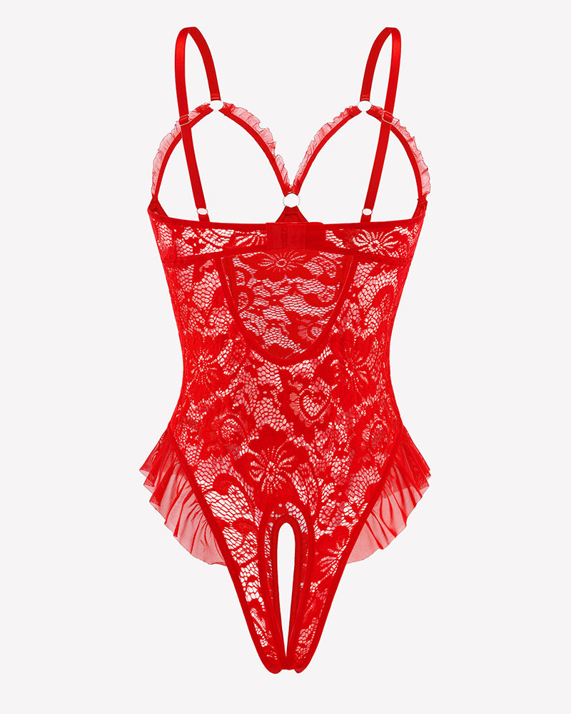 Red lace mini teddy bodysuit with strappy underwire cups and peekaboo front