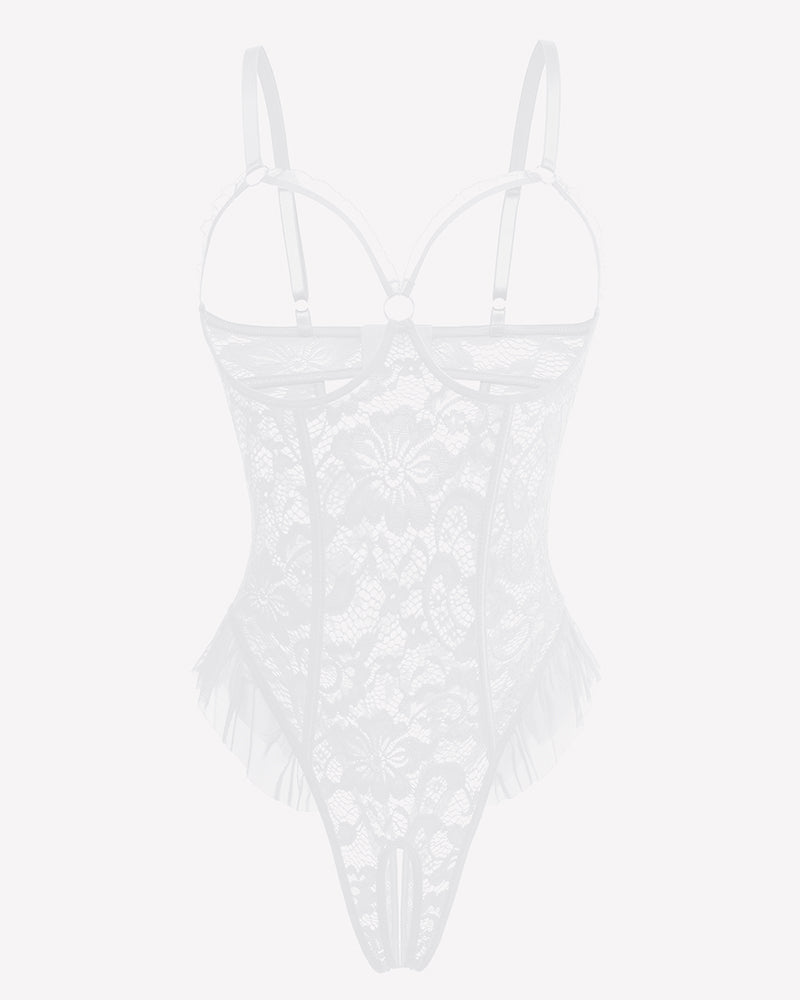 White lace bodysuit with underwire cups and adjustable straps