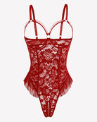 Wine red lace mini teddy bodysuit with underwire cups and mesh ruffle