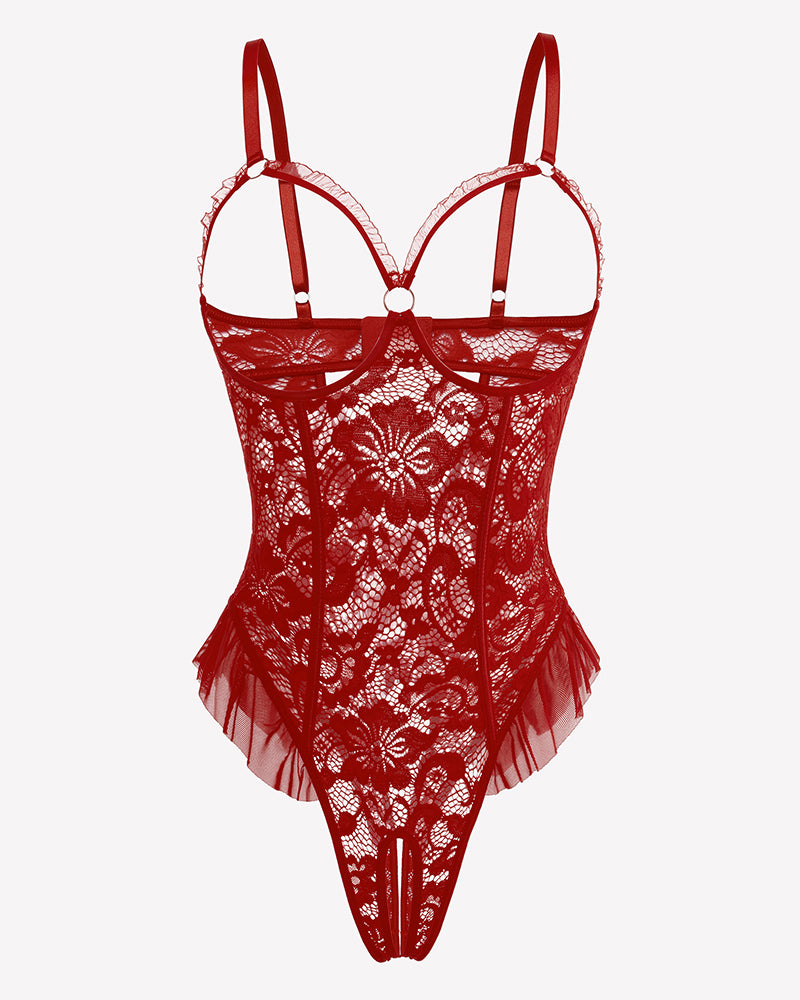 Wine red lace mini teddy bodysuit with underwire cups and mesh ruffle