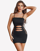 Black strappy mini chemise dress with front oval cutout and side cutouts