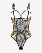 Crotchless lace mini teddy, leopard print sheer mesh with lace panel and strappy underwire cups
