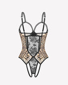 Leopard print lace mini bodysuit with black trim, underwire cups, and crotchless front