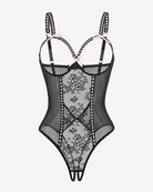 Crotchless lace mini teddy, black sheer mesh with lace panel and strappy underwire cups
