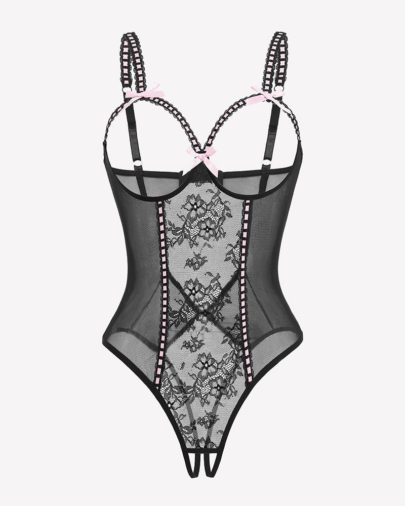Crotchless lace mini teddy, black sheer mesh with lace panel and strappy underwire cups