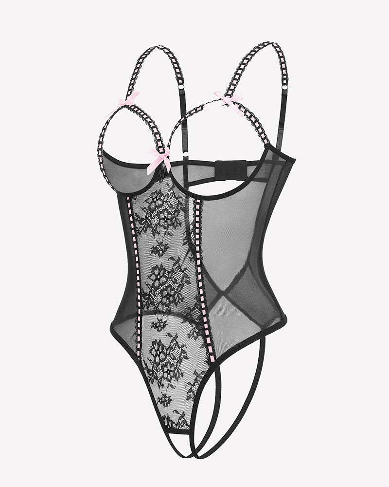 Black sheer lace mini bodysuit with crotchless cutout and pink bow accents