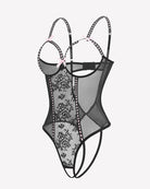 Black sheer lace mini bodysuit with crotchless cutout and pink bow accents