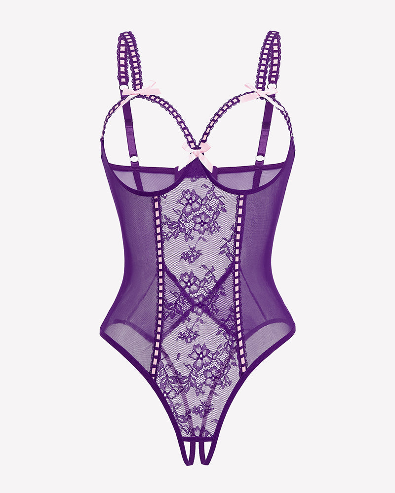 Crotchless lace mini teddy, purple sheer mesh with lace panel and strappy underwire cups