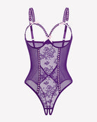 Crotchless lace mini teddy, purple sheer mesh with lace panel and strappy underwire cups