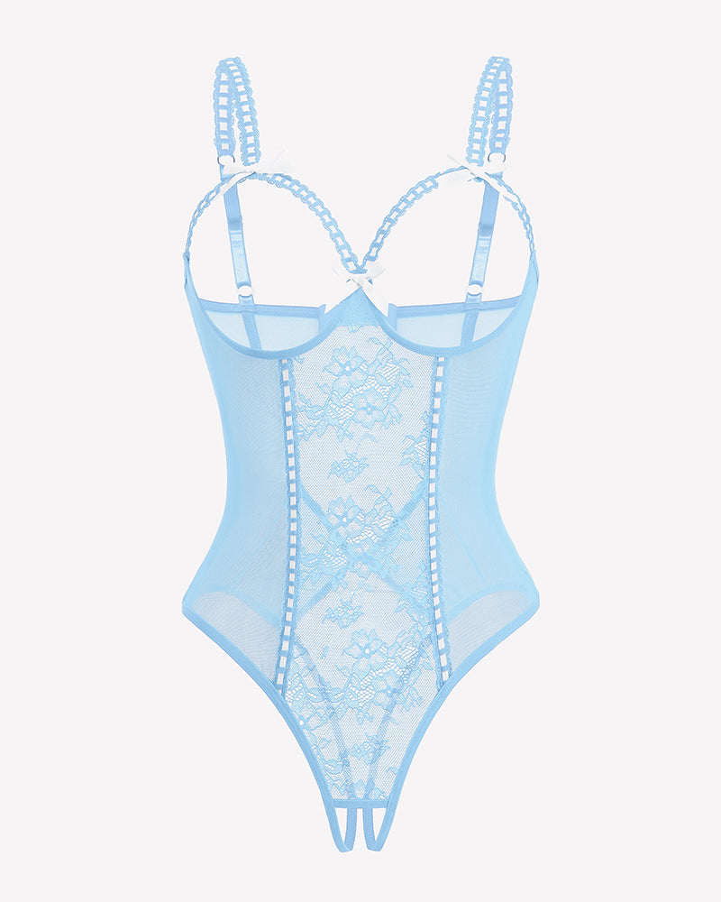 Light blue lace mini bodysuit with crotchless cutout and ribbon bow straps
