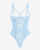 Light blue lace mini bodysuit with crotchless cutout and ribbon bow straps