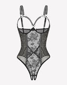 Crotchless lace mini teddy, black sheer mesh with star pattern, lace panel, underwire cups