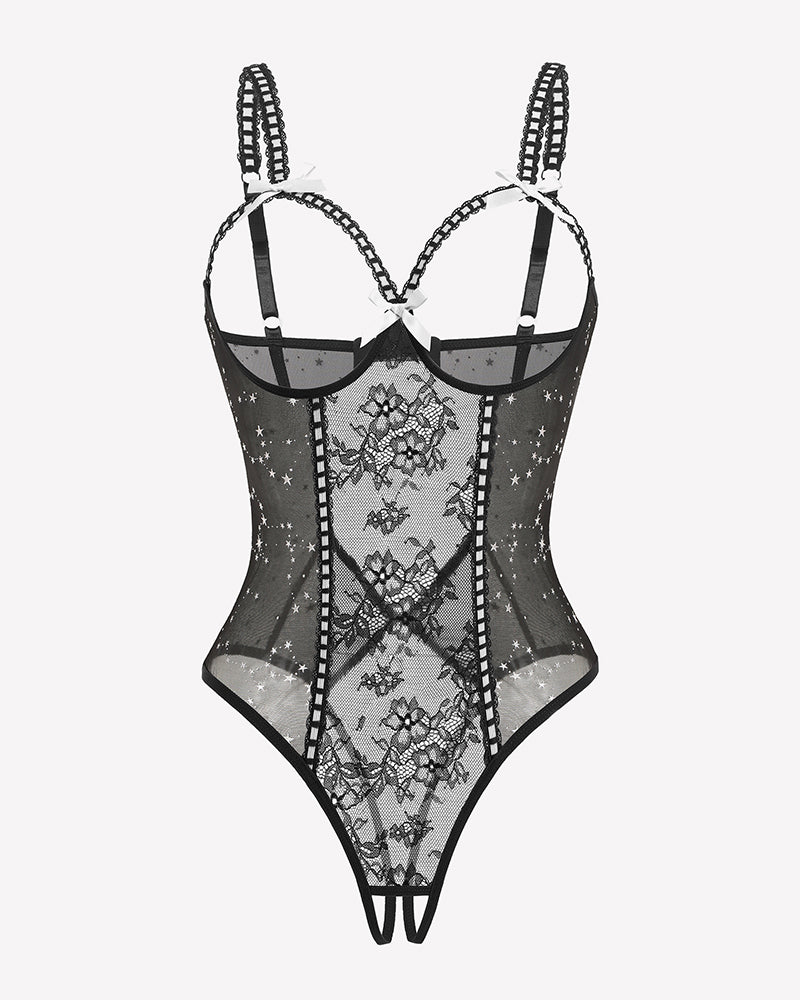 Crotchless lace mini teddy, black sheer mesh with star pattern, lace panel, underwire cups
