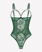 Crotchless lace mini teddy, green sheer mesh with lace panel and strappy underwire cups